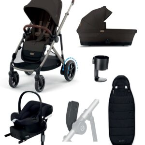 Cybex e-Gazelle S Electric Pushchair Bundle with Cybex Aton B2 i-Size Car Seat and Base (6 Pieces) – Chocolate Brown