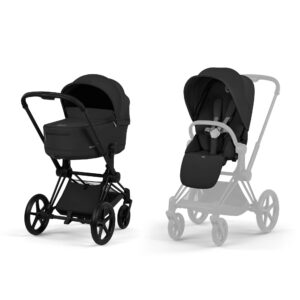 Cybex Priam Pushchair & Carrycot - Sepia Black | Foldable Carrycot & Lie-Flat Seat | Travel System Ready Stroller | Reversible Seat | Compact Baby Pram