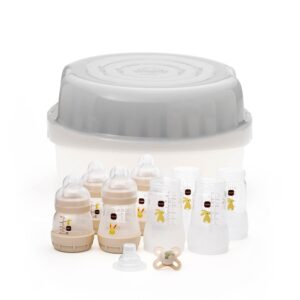 MAM Easy Start Bottle & Microwave Steriliser Set | Baby Feeding Kit with 6 Bottles | Fast Steam Cleaning System | Kills 99.9% Germs | Travel Friendly