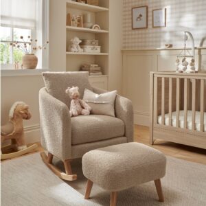 Mamas & Papas Alma Nursing Chair & Stool – Fawn Boucle | Breastfeeding Mother & Baby | Supportive Armrests | Plush Cushion & Footstool | Best Rocking Nursery Seating
