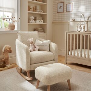 Mamas & Papas Alma Nursing Chair & Stool – Off White Boucle | Breastfeeding Mother & Newborn | Supportive Armrests | Cushion & Footstool | Best Rocking Nursery Seating