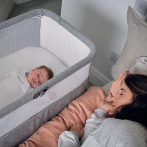 Mamas & Papas Lua Bedside Collapsable Crib | Grey 0-6 Months | Bedside Baby Cot with Removable Bassinet | Adjustable Infants Cribs