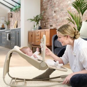 Mamas & Papas Tempo 3-in-1 Baby Rocker/Bouncer - Sand/Beige | Electric Infant Chair | Reclined, Low & High Bounce Modes | Newborn to 6 Months | Sensory Toy Bar & Removable Cover