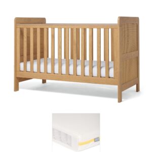 Mamas & Papas Esna Cotbed & Essential Airflow Pocket Spring Cotbed Mattress Bundle – Rattan | Adjustable Base | Teething Rails | Toddler Bed | Baby Nursery Sleep Suite