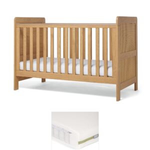 Mamas & Papas Esna Cotbed & Premium Pocket Spring Cotbed Mattress Bundle – Rattan | Adjustable Base Heights | Teething Rails | Baby Sleep Suite | Converts to Toddler Bed