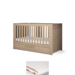 Mamas & Papas Franklin Cotbed & Luxury Hybrid Twin Mattress Bundle - Oak | Adjustable Base Heights | Cotbed With Storage Drawer | Toddler Bed | Baby Nursery Sleep Set