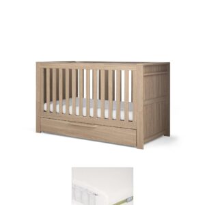 Mamas & Papas Franklin Cotbed & Premium Pocket Spring Mattress Bundle - Oak | Adjustable Base Heights | Extra Storage Drawer | Converts to Toddler Bed | Baby Sleep Furniture Set