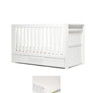 Mamas & Papas Franklin Cotbed & Premium Pocket Spring Mattress Bundle – White Wash | Adjustable Base | Storage Drawer & Hanging Rail | Toddler Bed | Baby Sleep Set