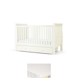 Mamas & Papas Mia Cotbed & Essential Airflow Pocket Spring Mattress Bundle – White | Adjustable Base | Under‑Bed Storage | Teething Rail | Toddler Bed | Baby Nursery Set