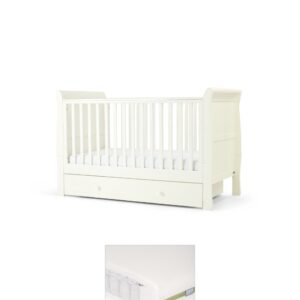 Mamas & Papas Mia Cotbed & Premium Pocket Spring Mattress - White | Adjustable Base Heights | Under‑Bed Storage Drawer | Converts to Toddler Bed | Baby Nursery Sleep Set