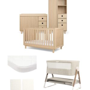 Mamas & Papas Oska Nursery Bundle With Wide Dresser Changer & Lua Bedside Crib – Oak | Baby Cotbed | Adjustable Base | Storage Wardrobe | Newborn Bedside Sleep Crib