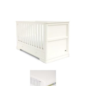 Mamas & Papas Oxford Cotbed & Premium Pocket Spring Mattress Bundle – White | Adjustable Base Heights | Under‑Bed Storage | Converts to Toddler Bed | Baby Nursery Sleep Set