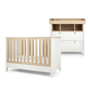 Mamas & Papas Harwell 2 Piece Convertible Cot Set with Dresser Changer | White/Natural | Baby Bed | Birth to 4 Years | Adjustable Height | Compact For Small Rooms | Best Toddler Crib | Nursery Furniture | 130 x 67.5 x 91cm