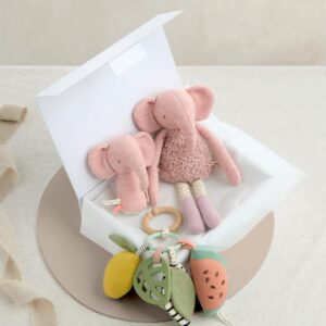 Mamas & Papas Edie Elephant Babyplay Giftbox | Small | Pink | Newborn Baby Early Motor Skills & Sensory Toy Set | Elephant Rattle Beanie & Fruit Linkie