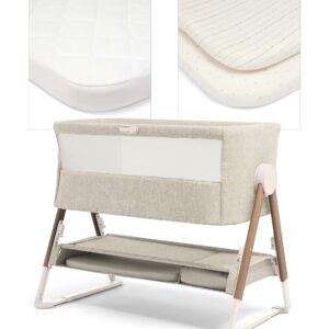 Mamas & Papas Lua Bedside Crib and Sheet Bundle - Fawn/Oatmeal | Beige / White | Co-Sleeping Crib for Newborns | Compact Nursery Set