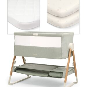 Mamas & Papas Lua Bedside Crib & Sheet Bundle – Sage/Cosmic Sky | Co-Sleeper with Drop-Down Side | Adjustable Height & Mesh Panels | Includes 2 Cotton Sheets & Mattress Protector | Newborn Cot
