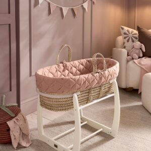 Mamas & Papas Welcome To The World Wildflower Moses Basket | Pink | Soft Quilted Cushioned Interior | Natural Woven Fitted Sheets For Babies / Newborns To 5 Months
