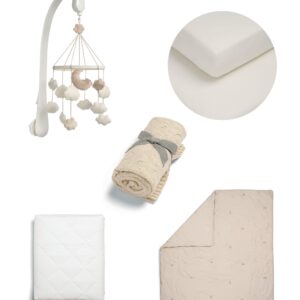 Mamas & Papas Nursery Bundle (5 Pieces) – Welcome to the World Duckling Cloud | 4.0 Tog Cotbed Quilt | Musical Mobile | 2 Cotton Fitted Sheets | Cable Knit Baby Blanket | Waterproof Mattress Protector