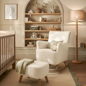 Mamas & Papas Elwood Nursing Chair & Stool – Off White Boucle | Breastfeeding Mother & Baby | Supportive Armrests | Plush Seat & Footstool | Rocking Nursery Seating