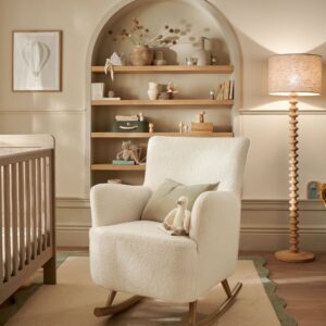 Mamas & Papas Elwood Nursing Chair – Off White Boucle | Breastfeeding Mother & Baby | Supportive Armrests | Plush Seat for Comfort | Best Rocking Nursery Seating