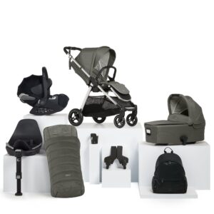 Mamas & Papas Flip XT Pushchair Bundle with Cloud T Car Seat (8 Pieces) | Harbour Grey | Carrycot, Footmuff & Changing Backpack | Baby Stroller & Pram for Newborn