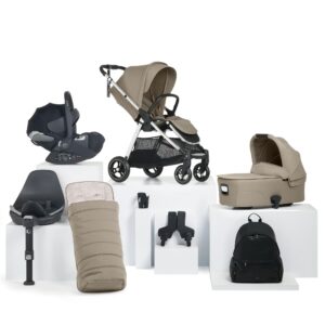 Mamas & Papas Flip XT³ Pushchair / Pram Bundle (8pc) – Sage Grey | Birth to 4 Years | Baby Stroller | One-Hand Fold | Carrycot, Cybex Cloud T Car Seat, Footmuff, Backpack & Cup Holder