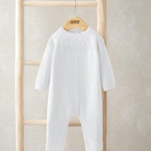 Mamas & Papas Pointelle Knitted Romper | White | Newborn Size | Soft Knit Baby Bodysuit | Front Button Fastening | Long Sleeve | Cozy Clothes | Onesie | Cute Outfit