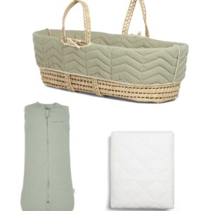 Mamas & Papas Newborn Swaddle & Moses Basket Bundle (3 Pieces) – Sage | Palm Moses Basket with 100% Cotton Quilted Liner & Fitted Sheet | 1.0 Tog Dreampod Swaddle | Anti-Allergy Waterproof Mattress Protector (multiple car seat options)