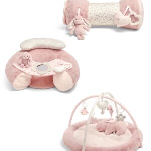 Mamas & Papas Interactive Elephant Play Mat Bundle - Pink | baby Activity Gym Bundle | Newborn Sit & Play Chair with Padded Playmat & Tummy Time Roll Pillow