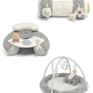 Mamas & Papas Interactive Elephant Play Mat Bundle - Grey | baby Activity Gym Bundle | Newborn Sit & Play Chair with Padded Playmat & Tummy Time Roll Pillow