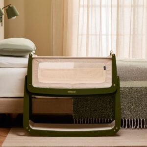 SnuzPod 5 Bedside Crib – Olive | 3-in-1 Co-Sleeper | Rocking Stand | Lift-Off Bassinet | Mesh Mattress | Portable Wheels | Newborn Baby Sleep Solution