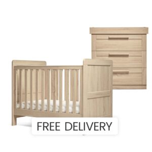 Mamas & Papas Atlas Convertible Cot Set With Dresser Changer | Light Oak | Baby Bed | Birth to 4 Years | Adjustable Height | Compact For Small Rooms | Best Toddlers Crib | Nursery Furniture | 125 x 68.2 x 95.6cm