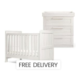 Mamas & Papas Atlas 2‑Piece Convertible Cot Set with Dresser Changer | White | Baby Bed | Birth to 4 Years | Adjustable Height | Compact For Small Rooms | Best Toddlers Crib | Nursery Furniture | 125 x 68.2 x 95.6cm