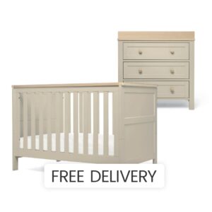 Mamas & Papas Wedmore Small Cotbed Set With Dresser Changer - Cashmere/Oak | Newborn Baby Cotbed | Space-Saving | Converts To Toddler Bed | Adjustable Base Heights