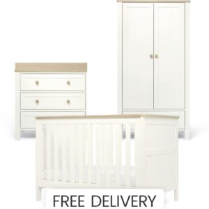Mamas & Papas Wedmore 3 Piece Small Cotbed Range with Dresser Changer & Wardrobe – White/Oak | Space-Saving Nursery Set | Adjustable Cotbed to Toddler Bed | Storage Drawers
