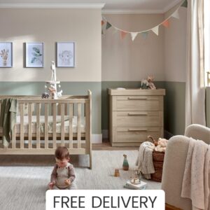 Mamas & Papas Atlas 2-Piece Cotbed & Dresser Changer – Light Oak | Baby & Newborn Nursery Furniture | Converts to Toddler Bed | Removable Changing Top | Storage Drawers