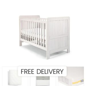 Mamas & Papas Atlas Cotbed Bundle 4‑Piece – Nimbus White | Baby Airflow Mattress | White Fitted Sheets | Adjustable Base | Converts to Toddler Bed | Nursery Space‑Saver